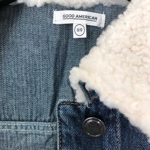 NWT Good American Trucker Boyfriend Denim Sherpa Button Down Jacket size 00/ XS - Picture 13 of 16